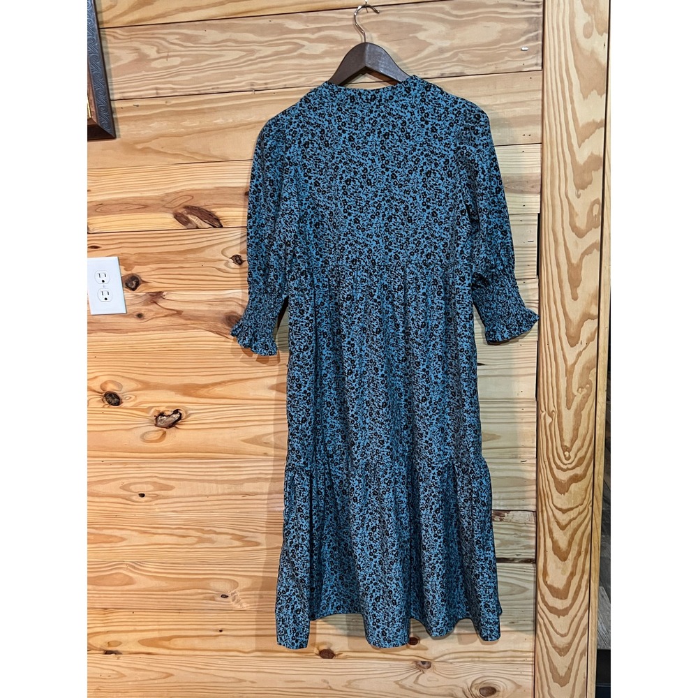 Solution Maxi Modest Minimalist Prairie Dress Flowy Smocked Blue Tiered Small - Picture 2 of 5